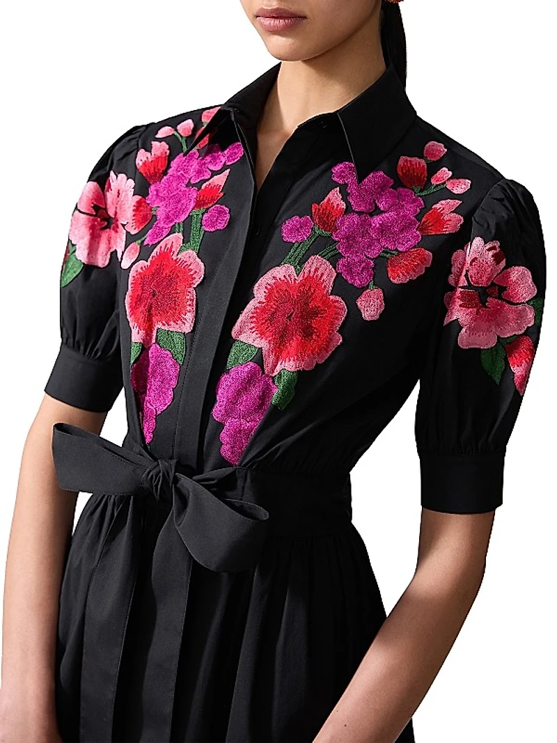 Embroidered Floral Tie-Waist Shirtdress