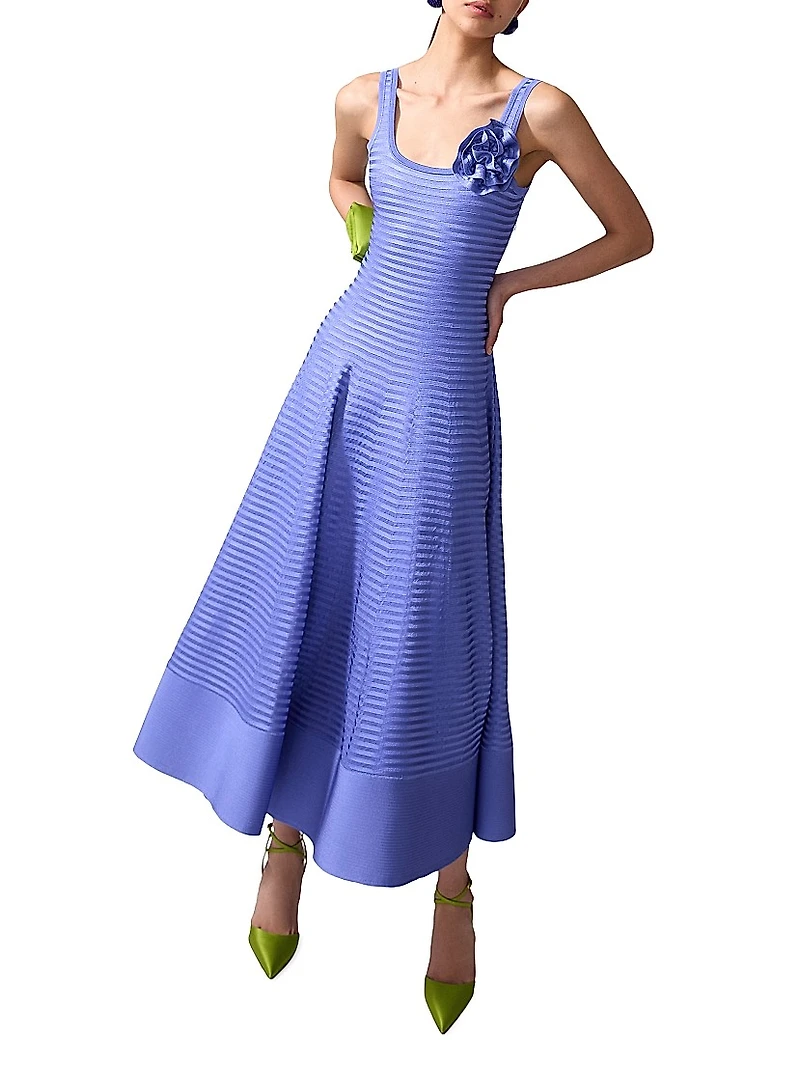 Floral Appliqué Stripe Midi-Dress