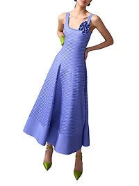 Floral Appliqué Stripe Midi-Dress