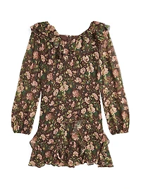 Girl's Patchwork-Print Ruffled Chiffon Dress