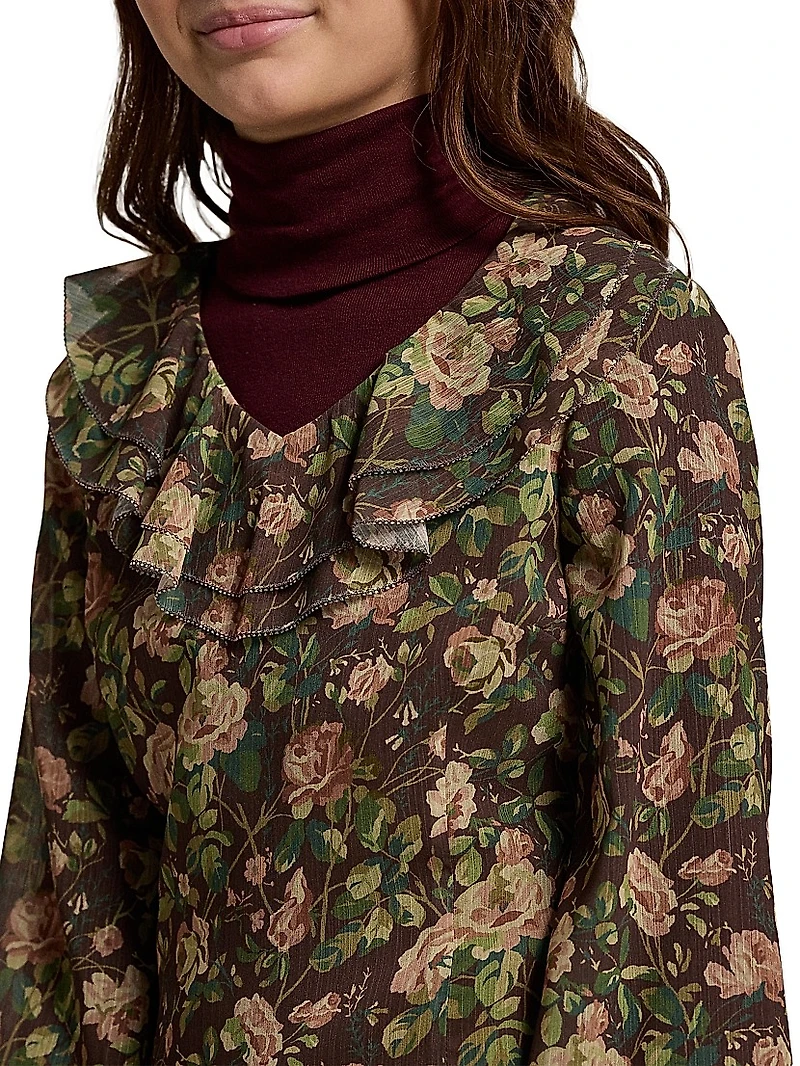 Girl's Patchwork-Print Ruffled Chiffon Dress