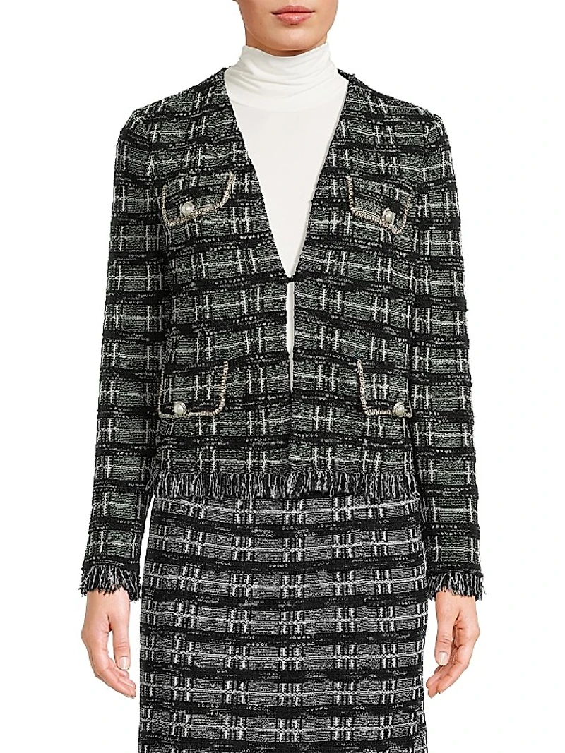 Rhinestone-Accented Fringed Tweed Jacket