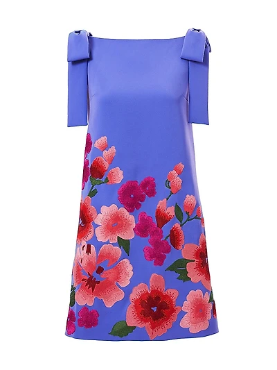 Floral-Embroidered Bow Shift Minidress