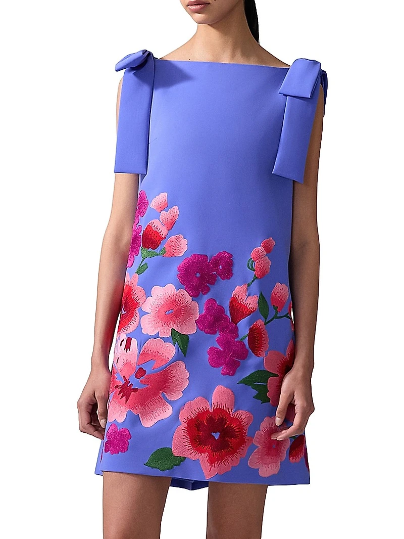 Floral-Embroidered Bow Shift Minidress