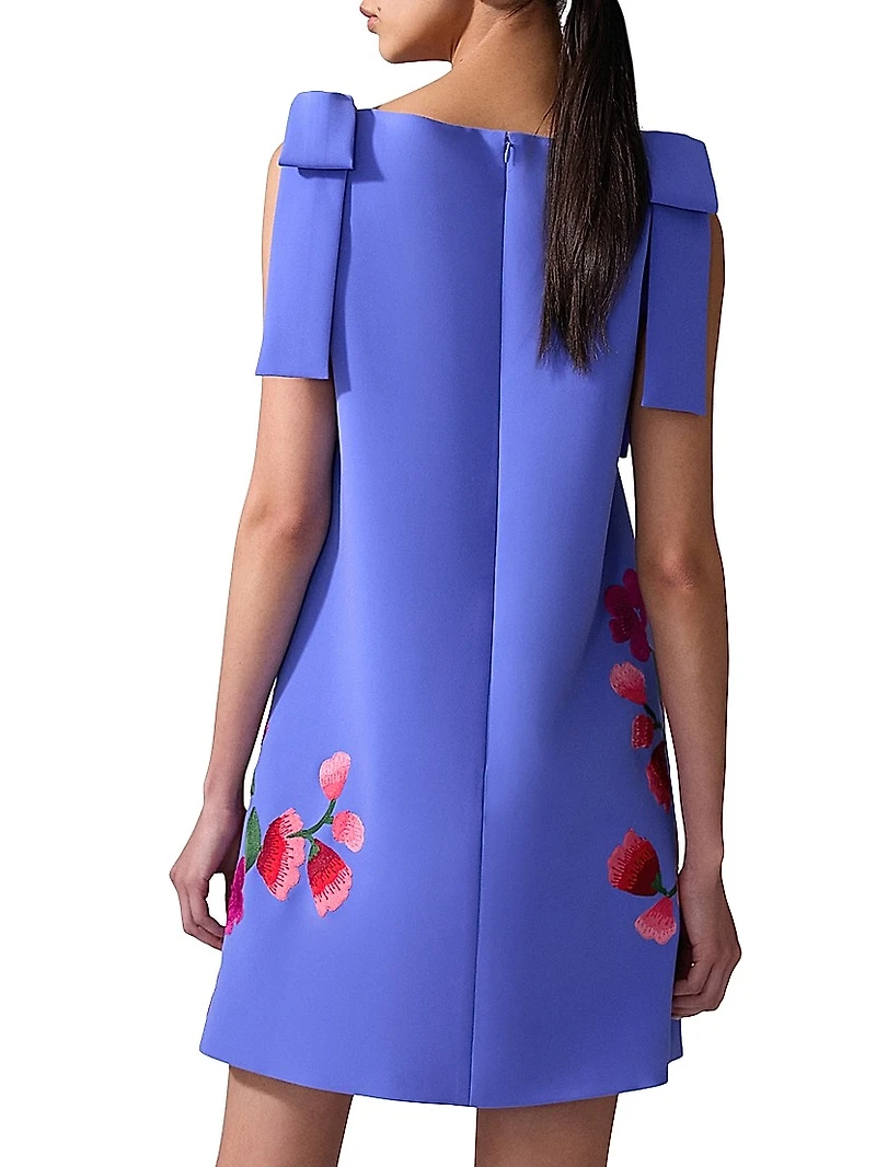 Floral-Embroidered Bow Shift Minidress