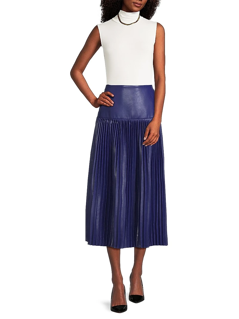 Faux-Leather Pleated Midi-Skirt