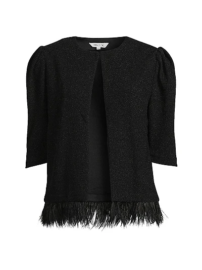 Sparkle Feather-Trim Knit Short Sleeve Jacket