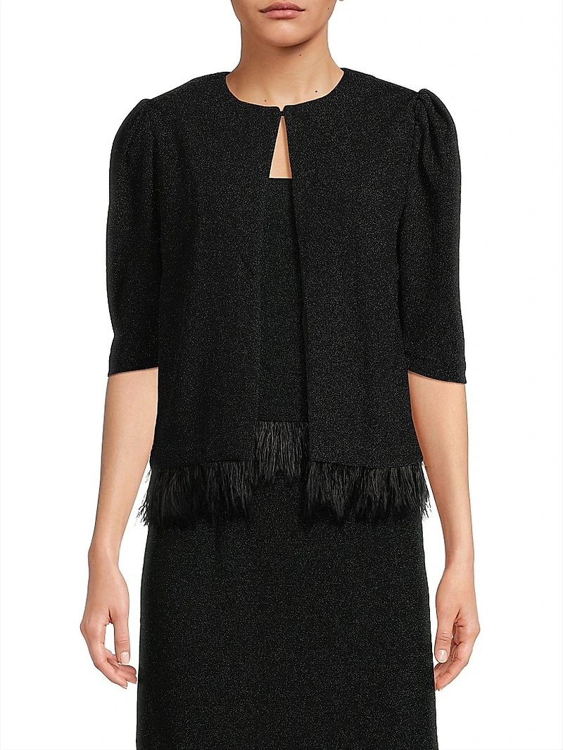 Sparkle Feather-Trim Knit Short Sleeve Jacket
