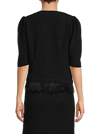 Sparkle Feather-Trim Knit Short Sleeve Jacket