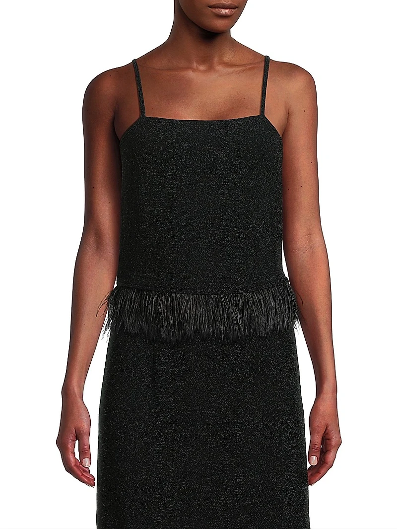 Sparkle Feather-Trim Stretch Woven Tank