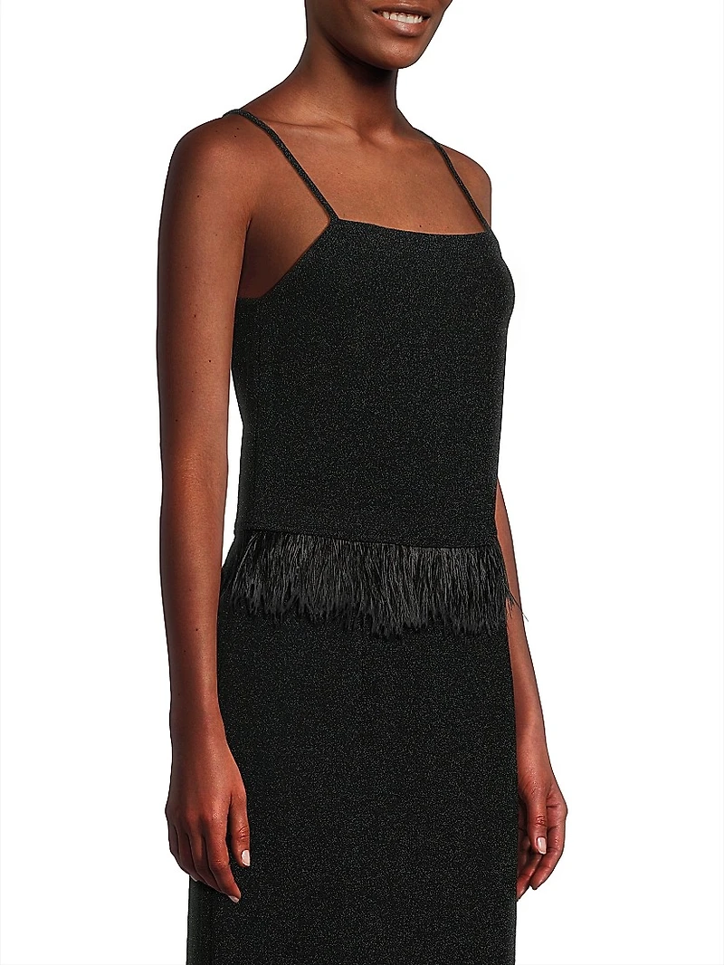 Sparkle Feather-Trim Stretch Woven Tank