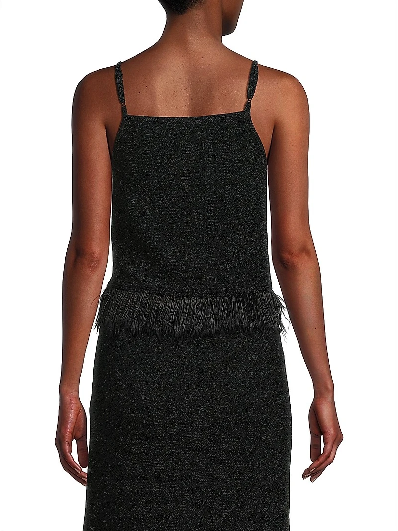 Sparkle Feather-Trim Stretch Woven Tank