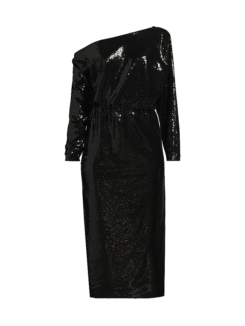 Sequined One-Shoulder Blouson Maxi Dress