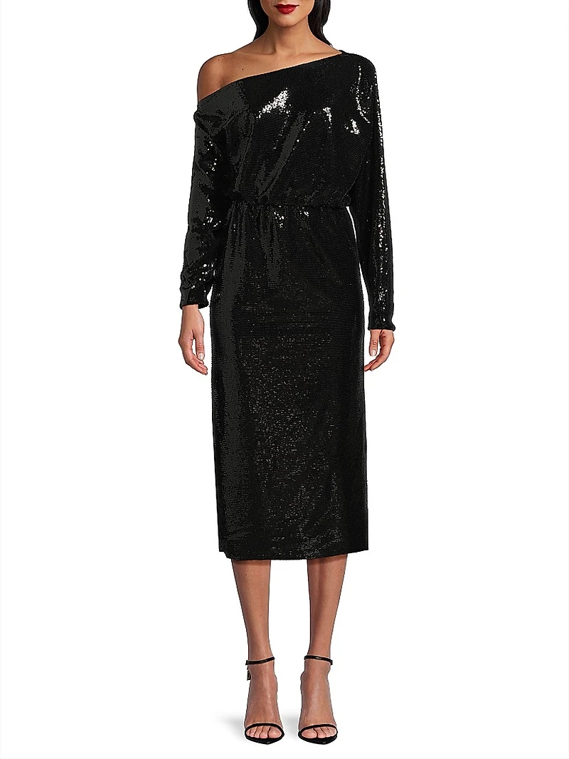 Sequined One-Shoulder Blouson Maxi Dress