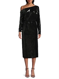 Sequined One-Shoulder Blouson Maxi Dress