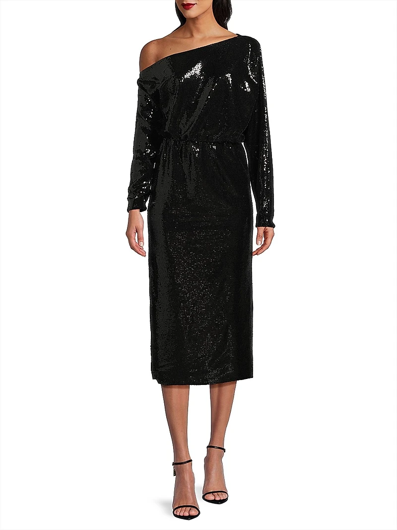 Sequined One-Shoulder Blouson Maxi Dress