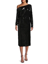 Sequined One-Shoulder Blouson Maxi Dress
