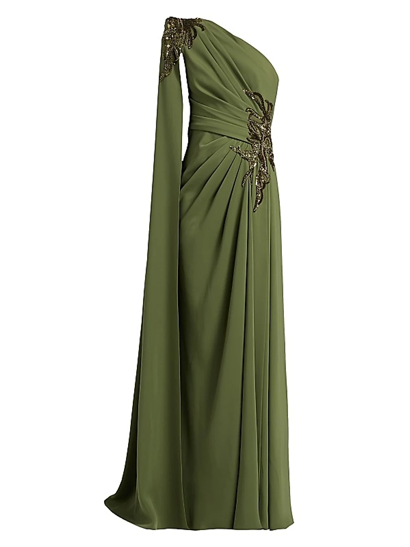 Embellished Draped One-Shoulder Gown