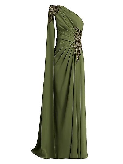 Embellished Draped One-Shoulder Gown