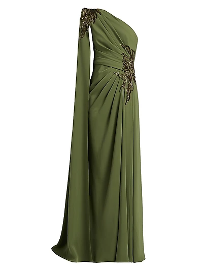 Embellished Draped One-Shoulder Gown