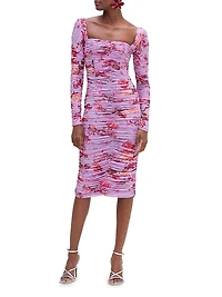 Romantic Floral Ruched Midi-Dress