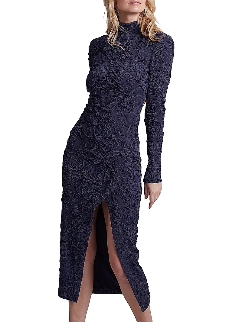 Jacquard Long-Sleeve Midi-Dress