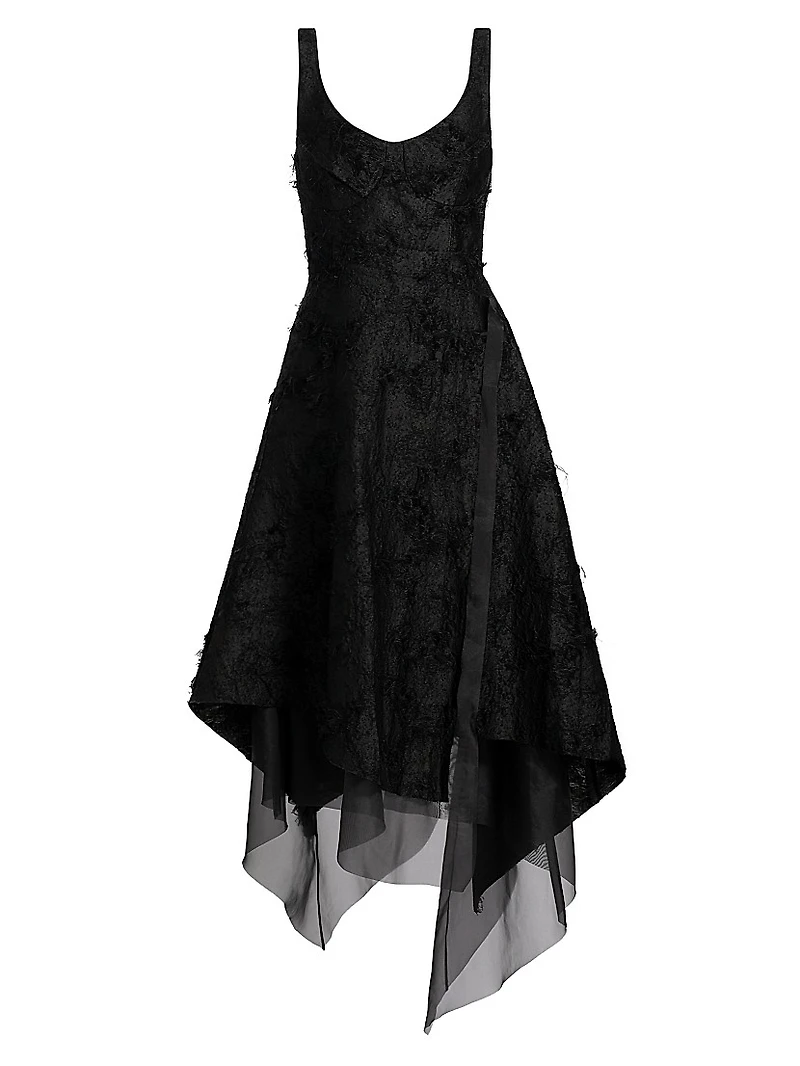 Asymmetrical Frayed Jacquard Midi-Dress
