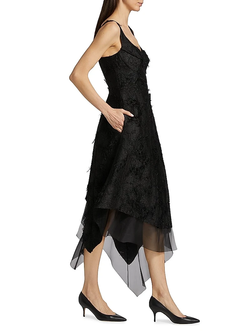 Asymmetrical Frayed Jacquard Midi-Dress