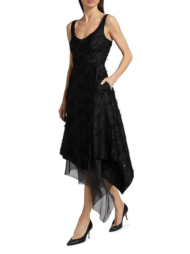 Asymmetrical Frayed Jacquard Midi-Dress