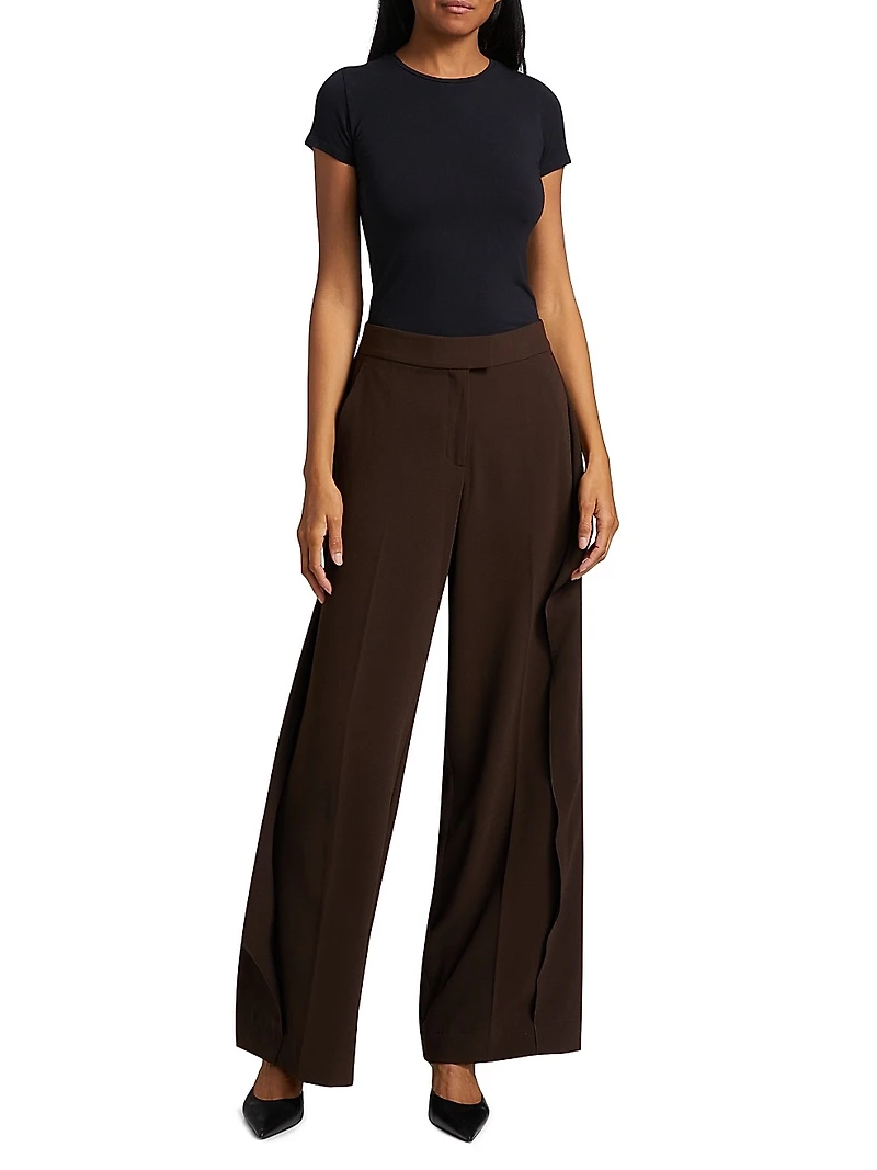 Crêpe Ruffle-Side Mid-Rise Pants