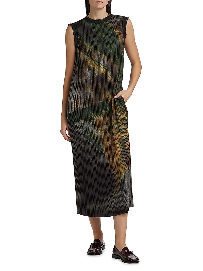 Brushstroke Print Plissé Midi Shift Dress