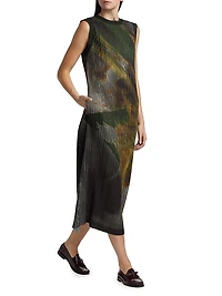 Brushstroke Print Plissé Midi Shift Dress