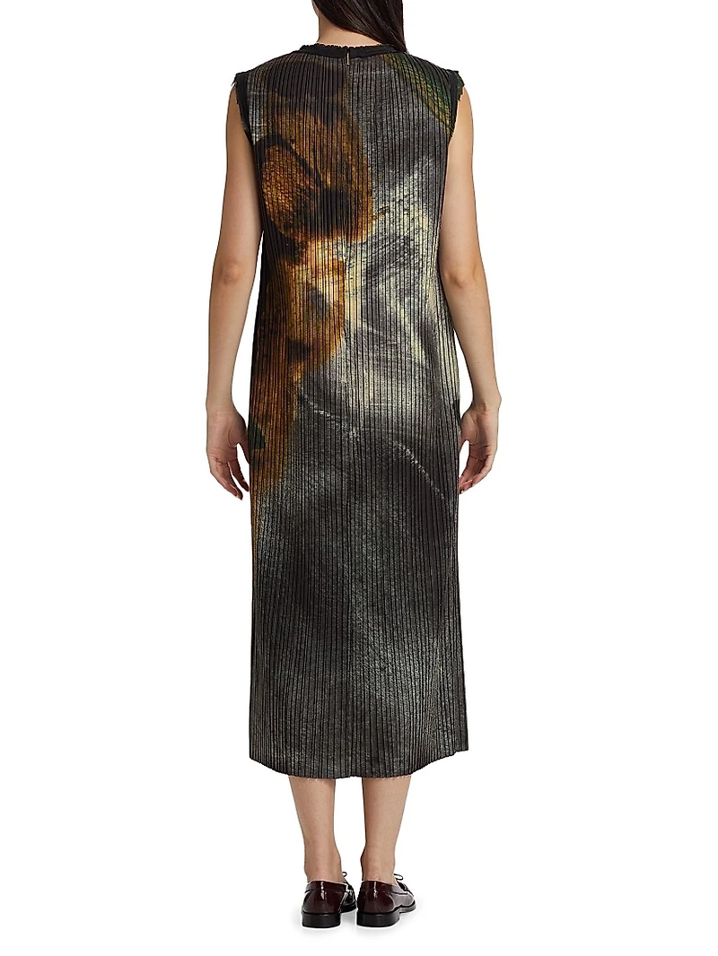 Brushstroke Print Plissé Midi Shift Dress