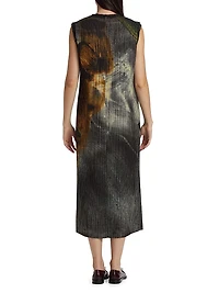 Brushstroke Print Plissé Midi Shift Dress