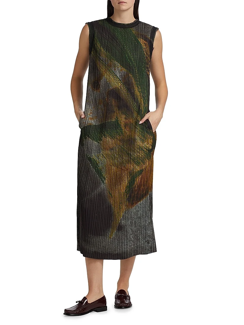 Brushstroke Print Plissé Midi Shift Dress