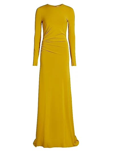 Jersey Gathered Long-Sleeve A-Line Gown