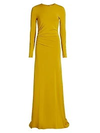 Jersey Gathered Long-Sleeve A-Line Gown