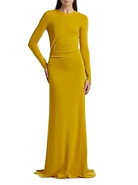 Jersey Gathered Long-Sleeve A-Line Gown
