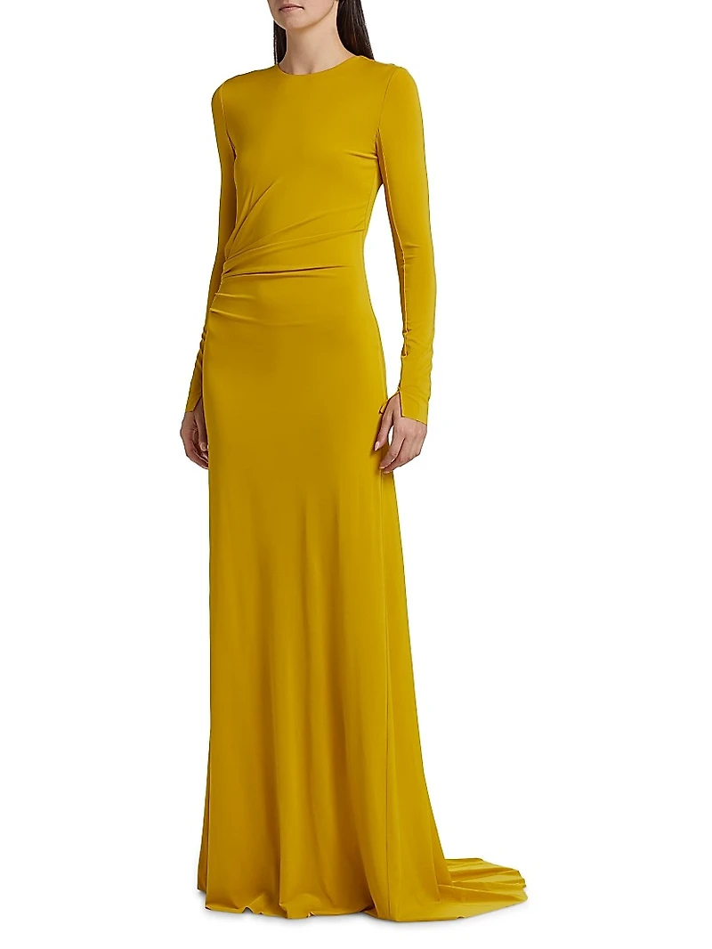 Jersey Gathered Long-Sleeve A-Line Gown