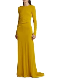 Jersey Gathered Long-Sleeve A-Line Gown
