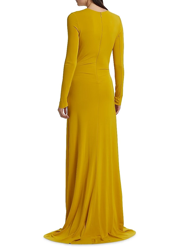 Jersey Gathered Long-Sleeve A-Line Gown