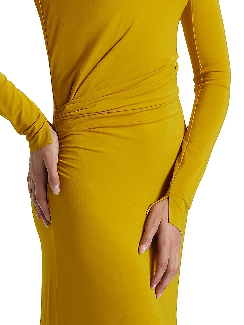 Jersey Gathered Long-Sleeve A-Line Gown