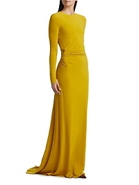 Jersey Gathered Long-Sleeve A-Line Gown