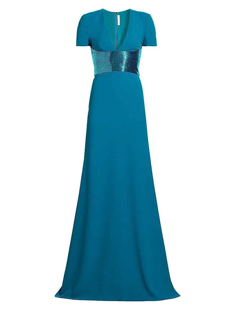 Sequined-Waist Short-Sleeve Gown