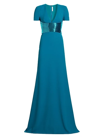 Sequined-Waist Short-Sleeve Gown