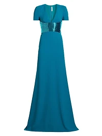 Sequined-Waist Short-Sleeve Gown