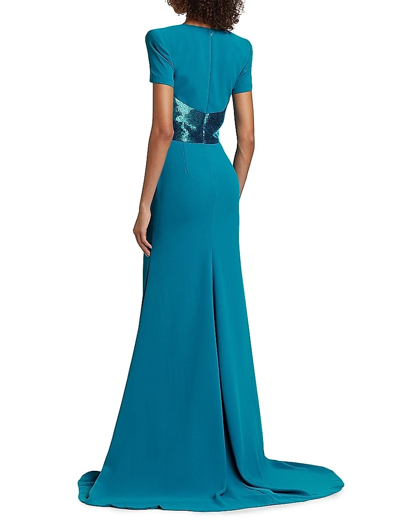 Sequined-Waist Short-Sleeve Gown