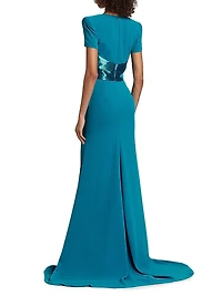 Sequined-Waist Short-Sleeve Gown