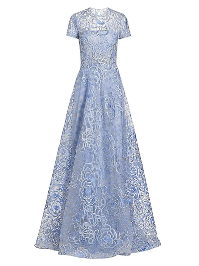 Floral Lace Short-Sleeve Gown