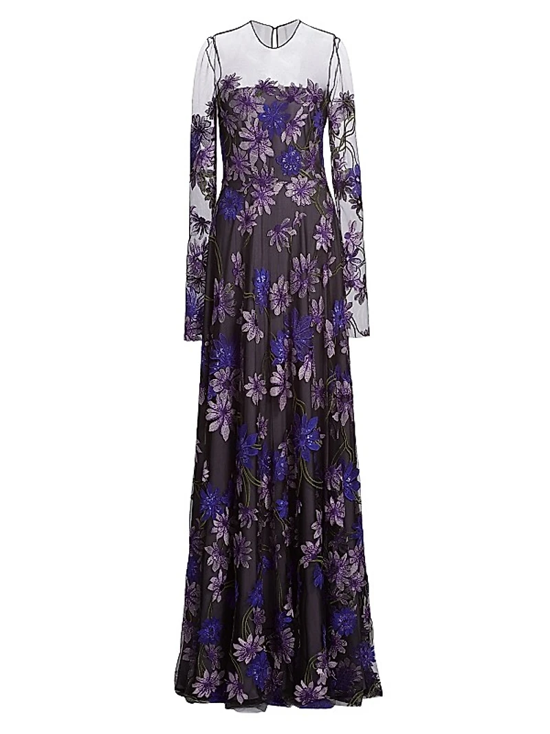 Sequin & Floral-Embroidered Long-Sleeve Illusion Gown